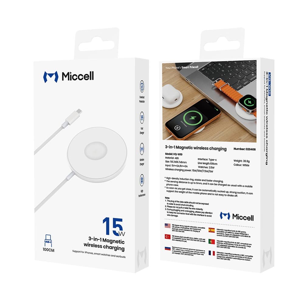 Chargeur magnétique Miccell 3-en-1 pour téléphone, écouteurs et montre