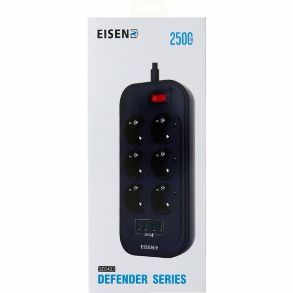 Eisenz 6 Power Socket Extension 2500W 2M avec 4 USB (SE6403)