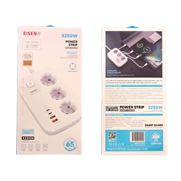 Eisenz 3250W Super Fast Power Socket Chargeur avec 2 USB + 2 USB-C PD (EZ3436)