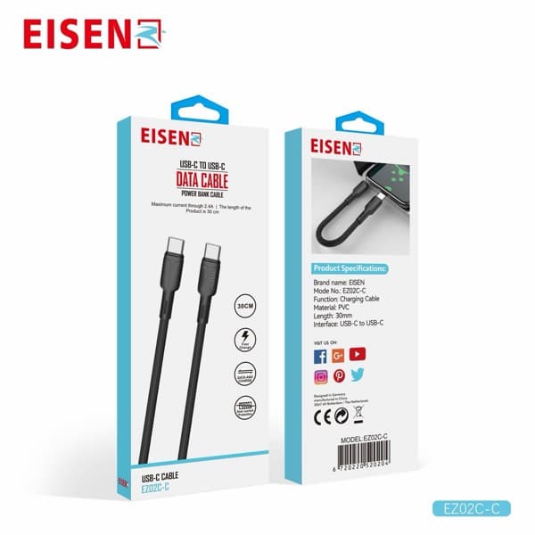 Eisenz USB-C to USB-C Câble 30cm noir EZ02C-C