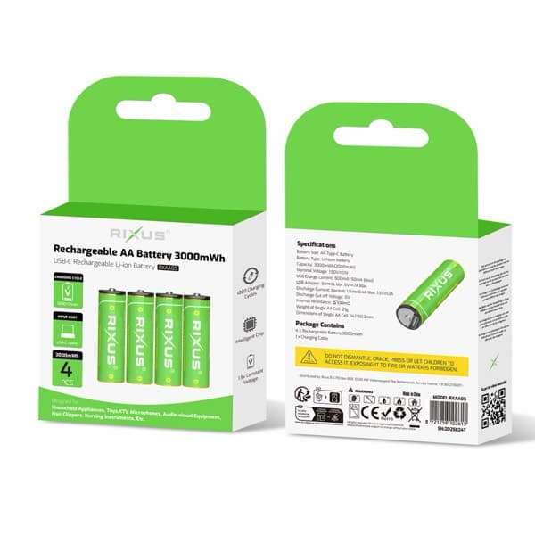 Rixus Rechargeable AA Batteries 3000mAh avec USB-C Charging Câble 4-Pack RXAA05