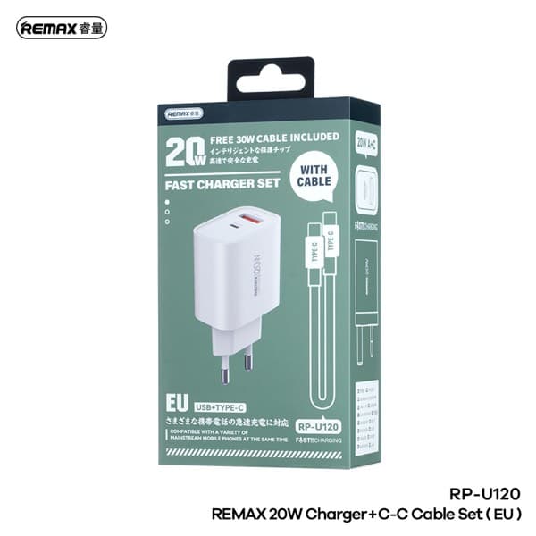 REMAX Kiddy Series 20W USB-A + USB-C charge rapide Chargeur Kit avec USB-C Câble EU blanc RP-U120