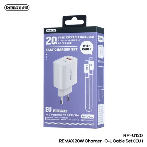 REMAX Kiddy Series 20W USB-A + USB-C charge rapide Chargeur Set avec USB-C to Lightning Câble EU blanc RP-U120