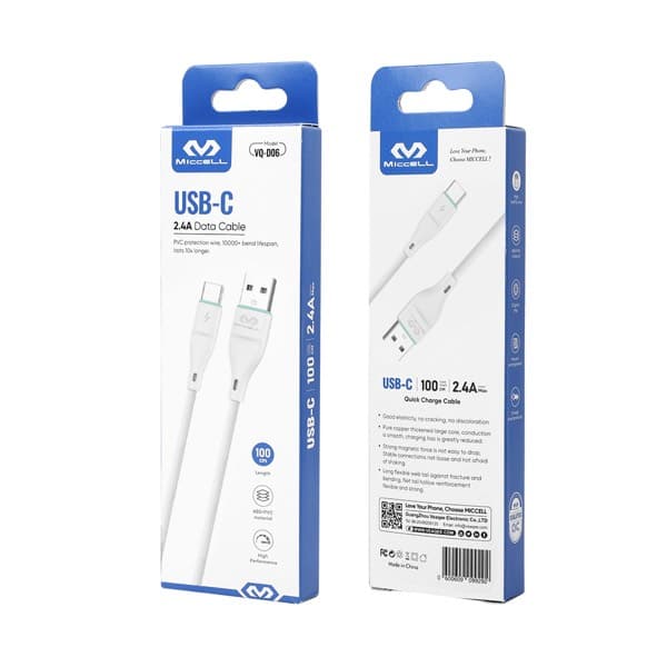 Miccell USB-A to USB-C Câble 1m 2.4A blanc VQ D06