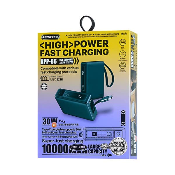 REMAX Wingle Series 10000mAh Batterie externe avec Built-in USB-C Câble 30W + 22.5W Gray RPP-86