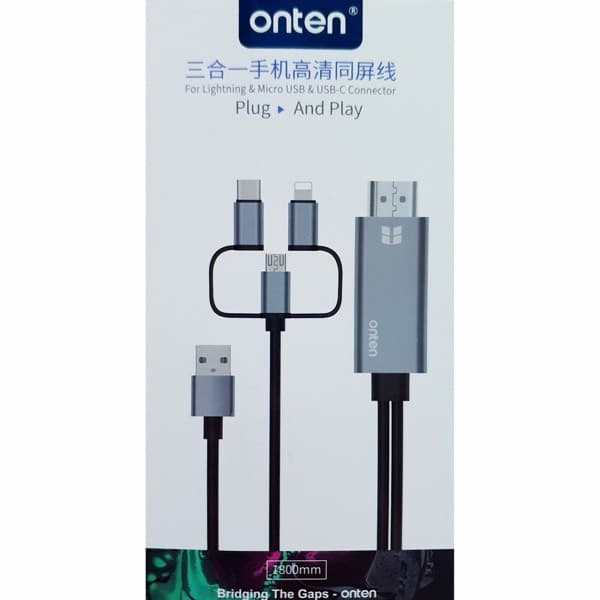 Onten 3-in-1 Lightning / USB-C / Micro USB to HDMI Adaptateur OTN-7537A