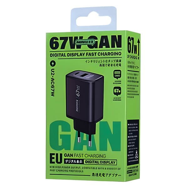 REMAX GaN Digital charge rapide Chargeur USB-A + USB-C 67W U2-AC67W EU Silver