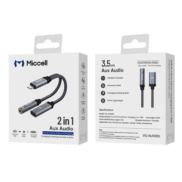 Miccell Lightning to 3.5mm + Lightning (Female) Audio Adaptateur 0.15m 10W VQ-AUX500LL