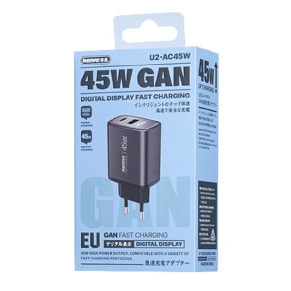 REMAX 45W GaN Digital Fast Wall Chargeur USB-A + USB-C U2-AC45W
