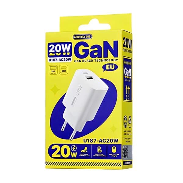 REMAX U187-AC20W 20W GaN charge rapide Chargeur USB-A + USB-C blanc