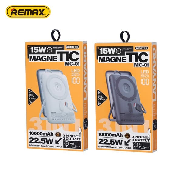 REMAX MC-01 3-in-1 Built-in Câble Foldable Support Magnetic 15W sans fil Charging Batterie externe 22.5W LED D