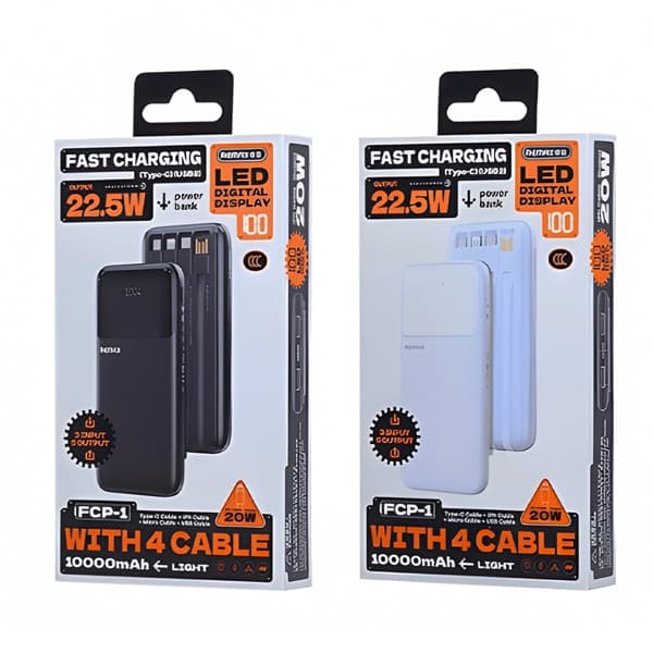 REMAX 20W + 22.5W Batterie externe avec 3 Built-in charge rapide Cables 10000mAh FCP-1 blanc
