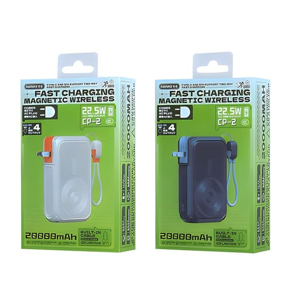 REMAX CP-2 15W Magnetic sans fil Wall Plug Batterie externe avec Built-in Câble and 22.5W Chargeur 20000mAh bl