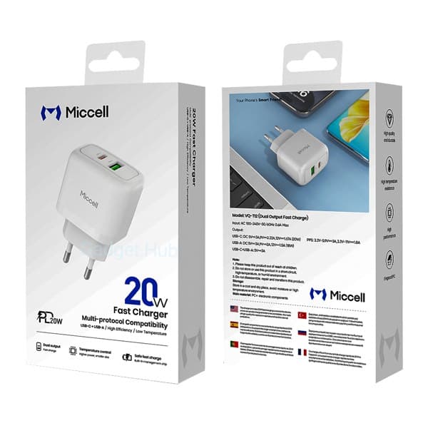 Miccell AC charger 20W USB A USB C white VQ-T12