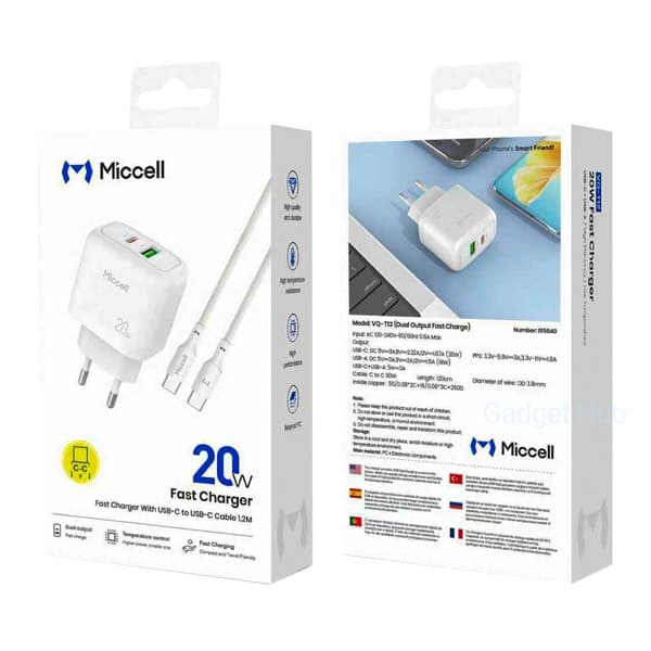 Miccell VQ-T12 20W Fast Chargeur Kit USB-A + USB-C avec USB-C to USB-C Câble EU blanc