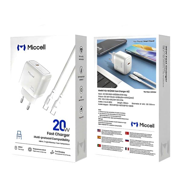 Miccell VQ-T12 20W USB-C Fast Chargeur Kit avec USB-C to USB-C Câble EU blanc