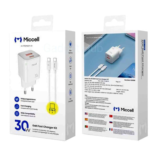 Miccell VQ-T16 30W Fast Chargeur Kit USB-A + USB-C avec USB-C to USB-C Câble EU blanc