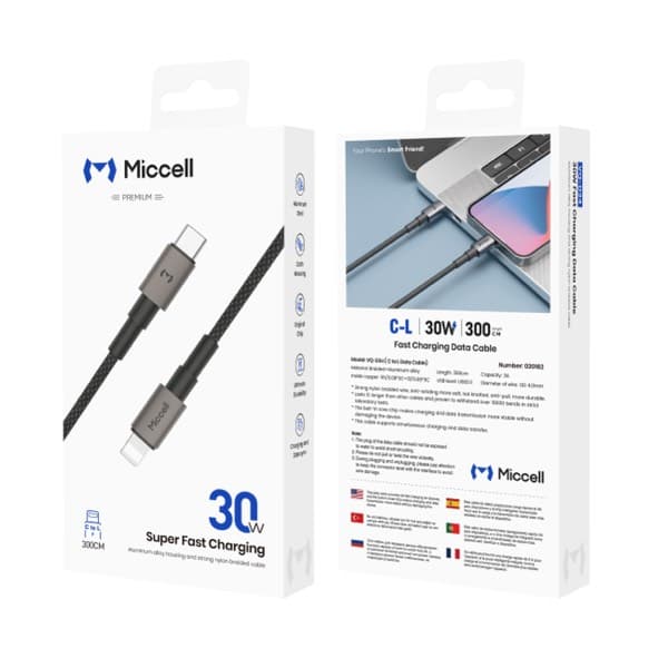 Miccell VQ-D34 USB-C to Lightning 30W Alloy Nylon Braided Câble 3m