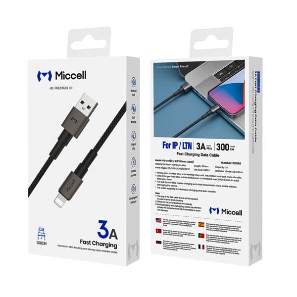 Miccell VQ-D34 USB-A to Lightning 30W Alloy Nylon Braided Câble 3m