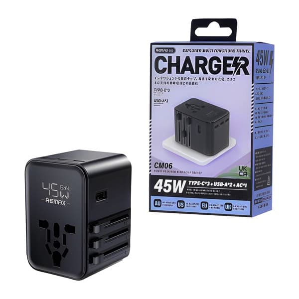 REMAX Explorer 45W GaN Multi-Function Travel Chargeur avec 2 USB-A + 3 USB-C Ports (EU/UK/US/AU) CM06 noir