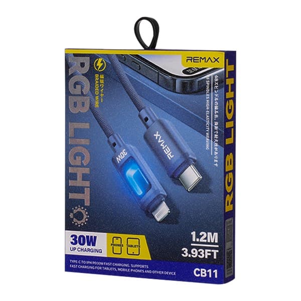 REMAX Hungy Series Aluminum Alloy Colorful Light Braided charge rapide Câble de données CB11 USB-C to Lightnin