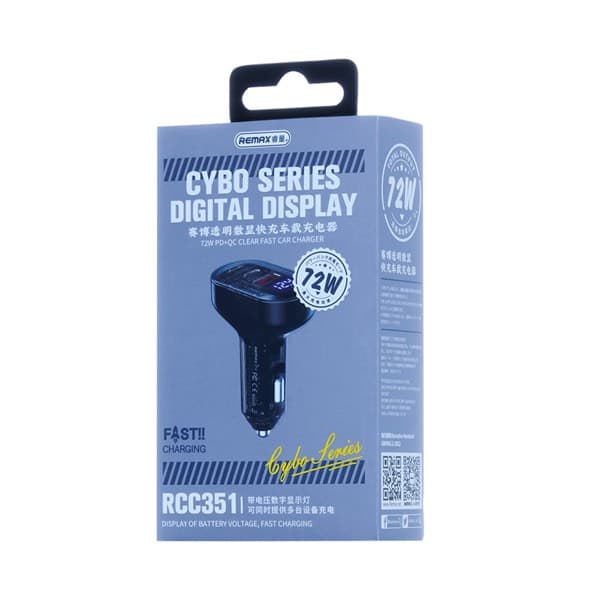 REMAX Cybo Series 72W PD + QC 1A + 2C Transparent Fast Car Chargeur avec Digital Display RCC351 noir
