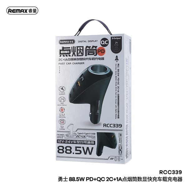 REMAX Warriors Series 88.5W PD + QC 2C + 1A Fast Car Chargeur avec Digital Display RCC339 noir