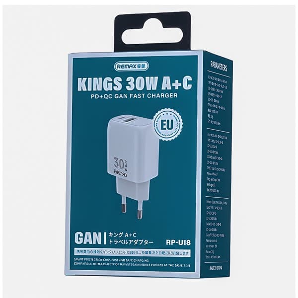REMAX Kings 30W USB-A + USB-C GaN Foldable Travel Chargeur CA-18W (AC30W) EU blanc