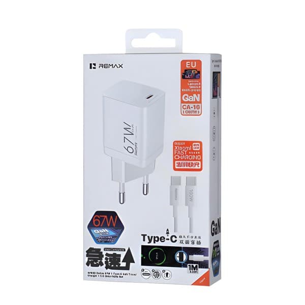 REMAX SPEED Series 67W USB-C GaN Travel Chargeur + USB-C to USB-C Câble de données Set CA-16 (C67W) EU blanc