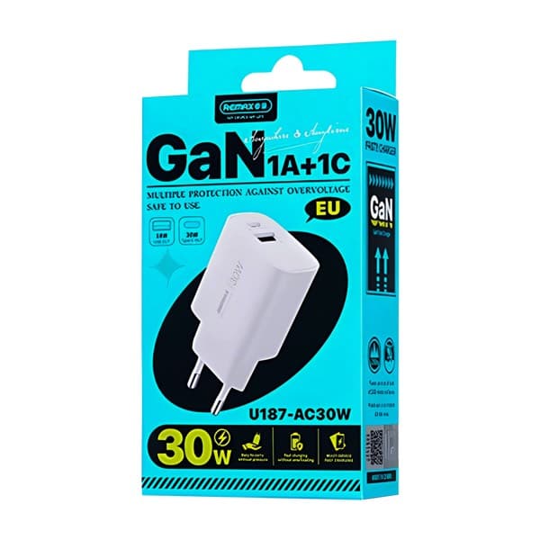 REMAX Hidden 30W GaN Fast Chargeur avec Retractable USB-C Câble U02-AC30Wc EU blanc