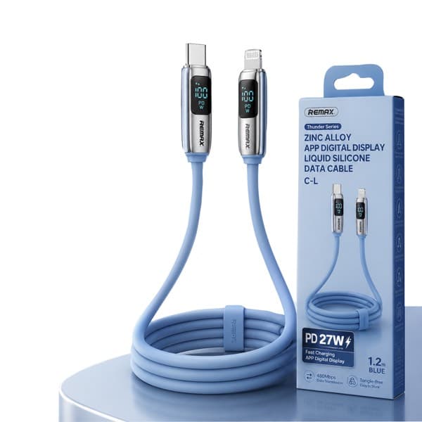 REMAX Thunder Zinc Alloy APP Digital Display Liquid Silicone Câble de données 1.2M USB-C to Lightning bleu