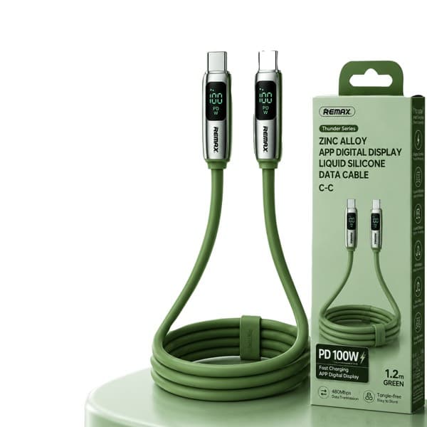 REMAX Thunder Zinc Alloy APP Digital Display Liquid Silicone Câble de données 1.2M USB-C to USB-C vert