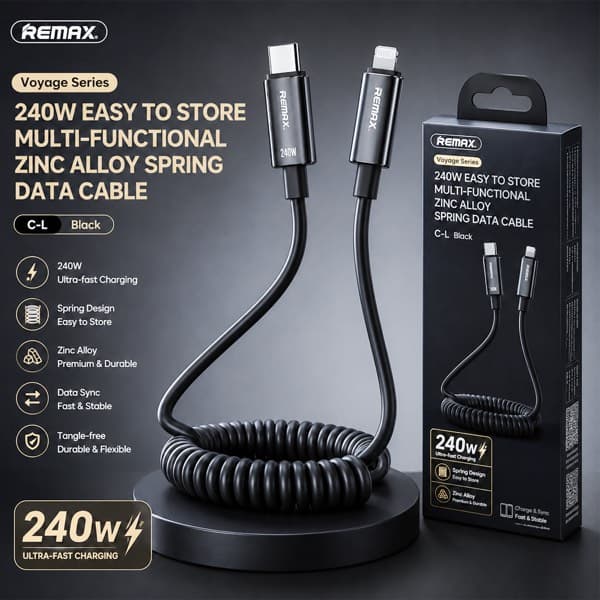 REMAX Voyage Series Multi-Functional Zinc Alloy Spring Câble de données USB-C to Lightning 240W noir
