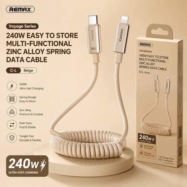 REMAX Voyage Series Multi-Functional Zinc Alloy Spring Câble de données USB-C to Lightning 240W Beige