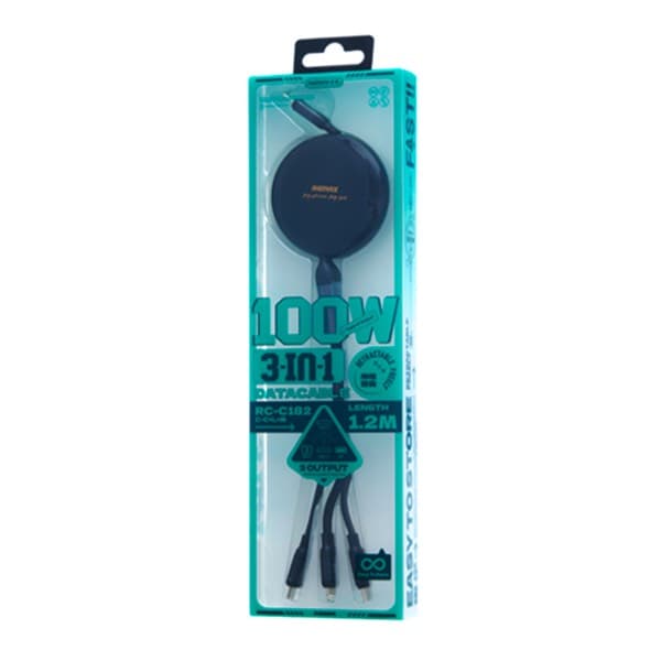 REMAX 100W 3-in-1 Aluminum Alloy charge rapide Telescopic Câble de données RC-C182 noir