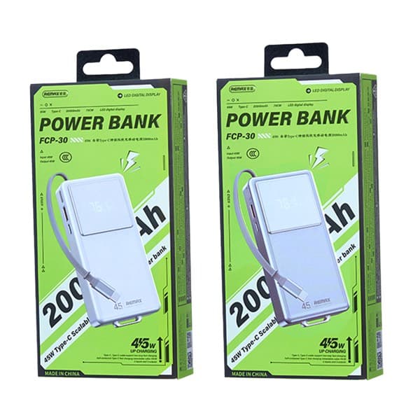 REMAX 20000mAh 45W charge rapide Batterie externe avec Retractable USB-C Câble FCP-30 Tarnish