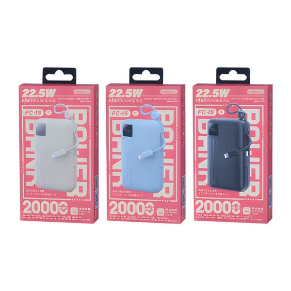 REMAX 20000mAh 22.5W Dual Built-in Cables charge rapide Batterie externe FC-15 bleu