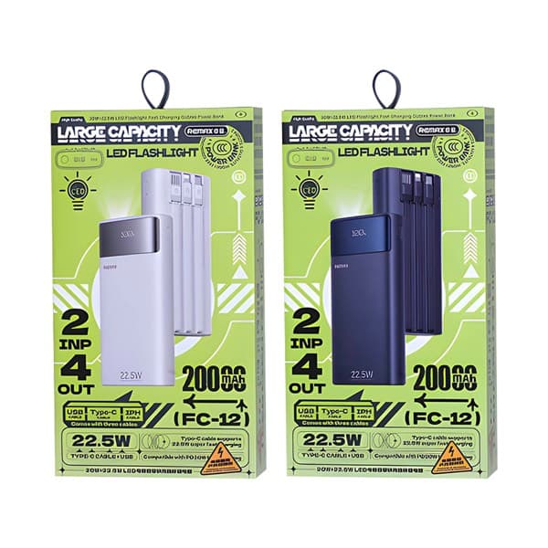 REMAX 20000mAh Batterie externe avec Built-in Cables, LED Flashlight & 20W + 22.5W charge rapide FC-12