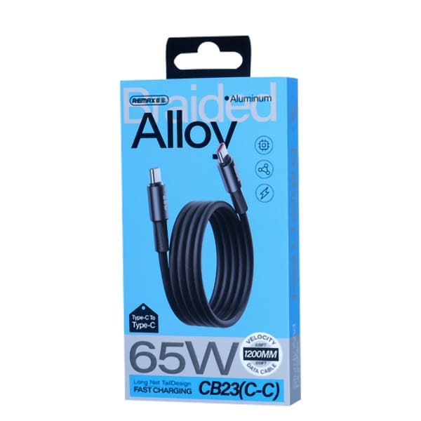 REMAX CB23 USB-C to USB-C 65W charge rapide Alloy Braided Câble de données 1.2m