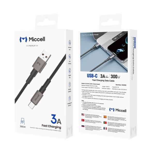 Miccell VQ-D34 USB-A to USB-C Alloy Nylon Braided Câble 3m