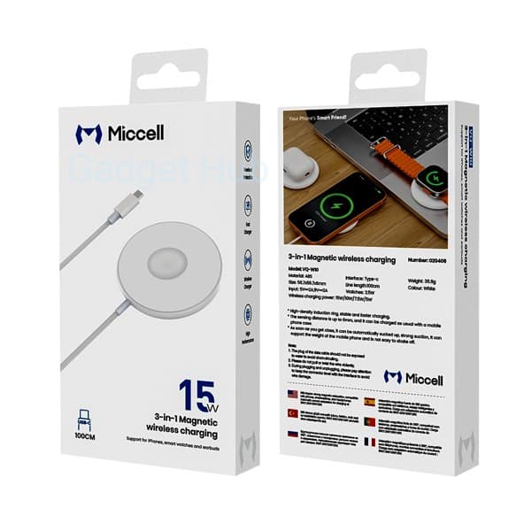 Miccell 15W 3-in-1 Magnetic sans fil Chargeur USB-C 1m blanc