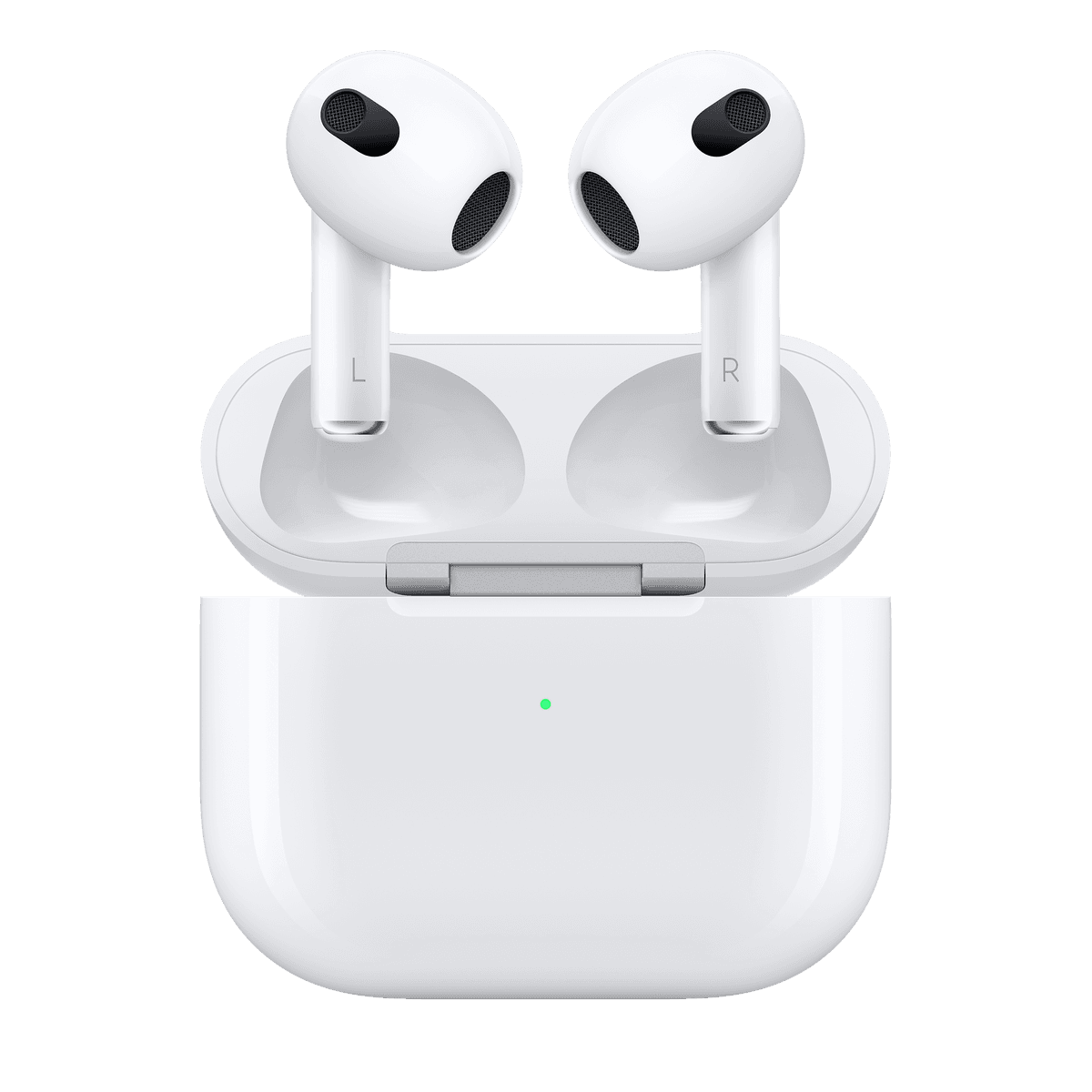 Apple AirPods 3e génération et leur boîtier de charge, visuel officiel Apple