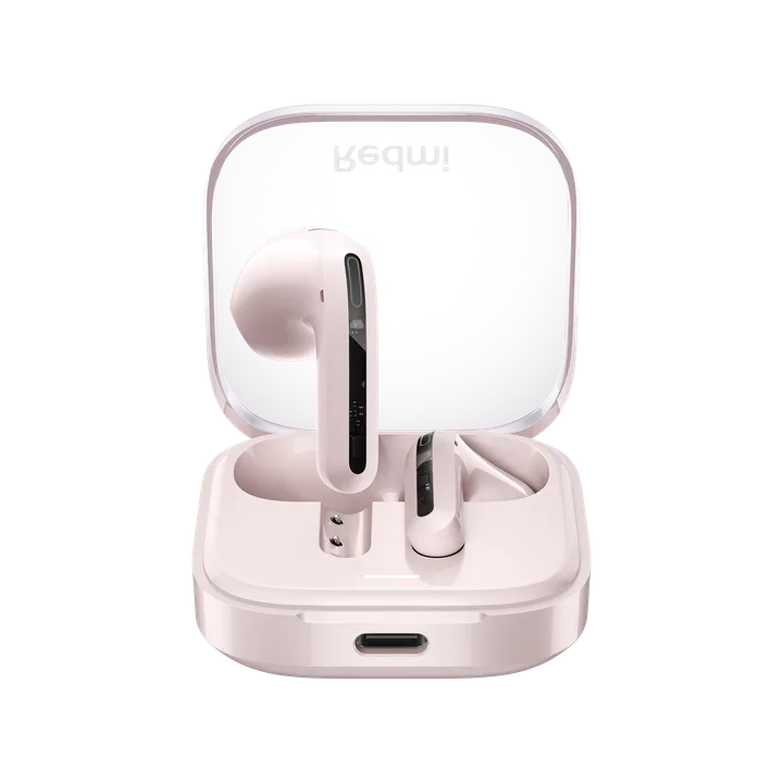 Écouteurs sans fil Redmi Buds 6 Active dans leur boîtier de charge, visuel officiel