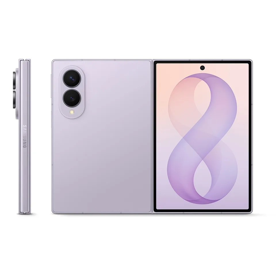Galaxy Z Fold8 lavande, ouvert, fermé et de profil (visuel officiel Samsung)