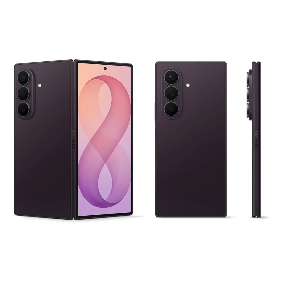 Galaxy Z Fold8 Ultra techno violet, ouvert, fermé et de profil (visuel officiel Samsung)