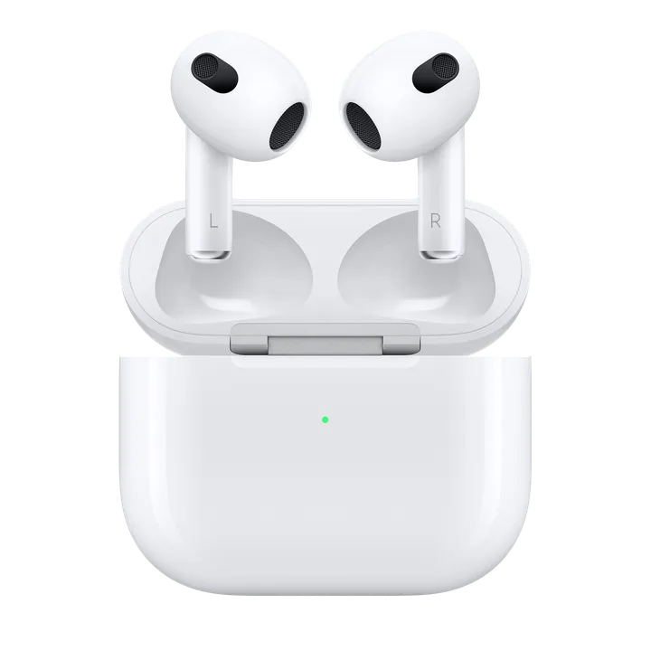 Apple AirPods 3e génération et leur boîtier de charge, visuel officiel Apple