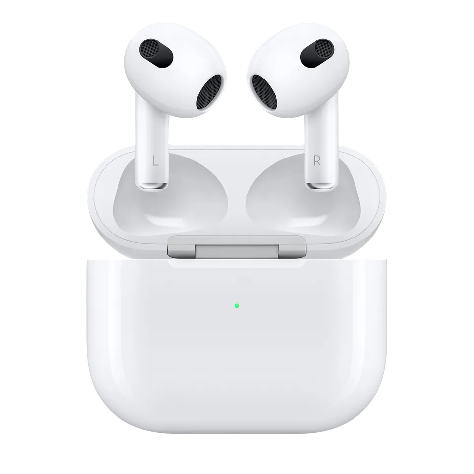 Apple AirPods 3e génération et leur boîtier de charge, visuel officiel Apple